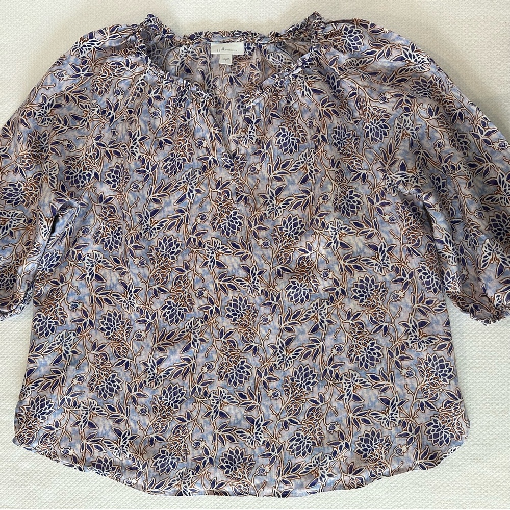 J. Jill Love Linen Boho Peasant Top‎ Purple Blue Cream & Tan Floral Blouse Shirt